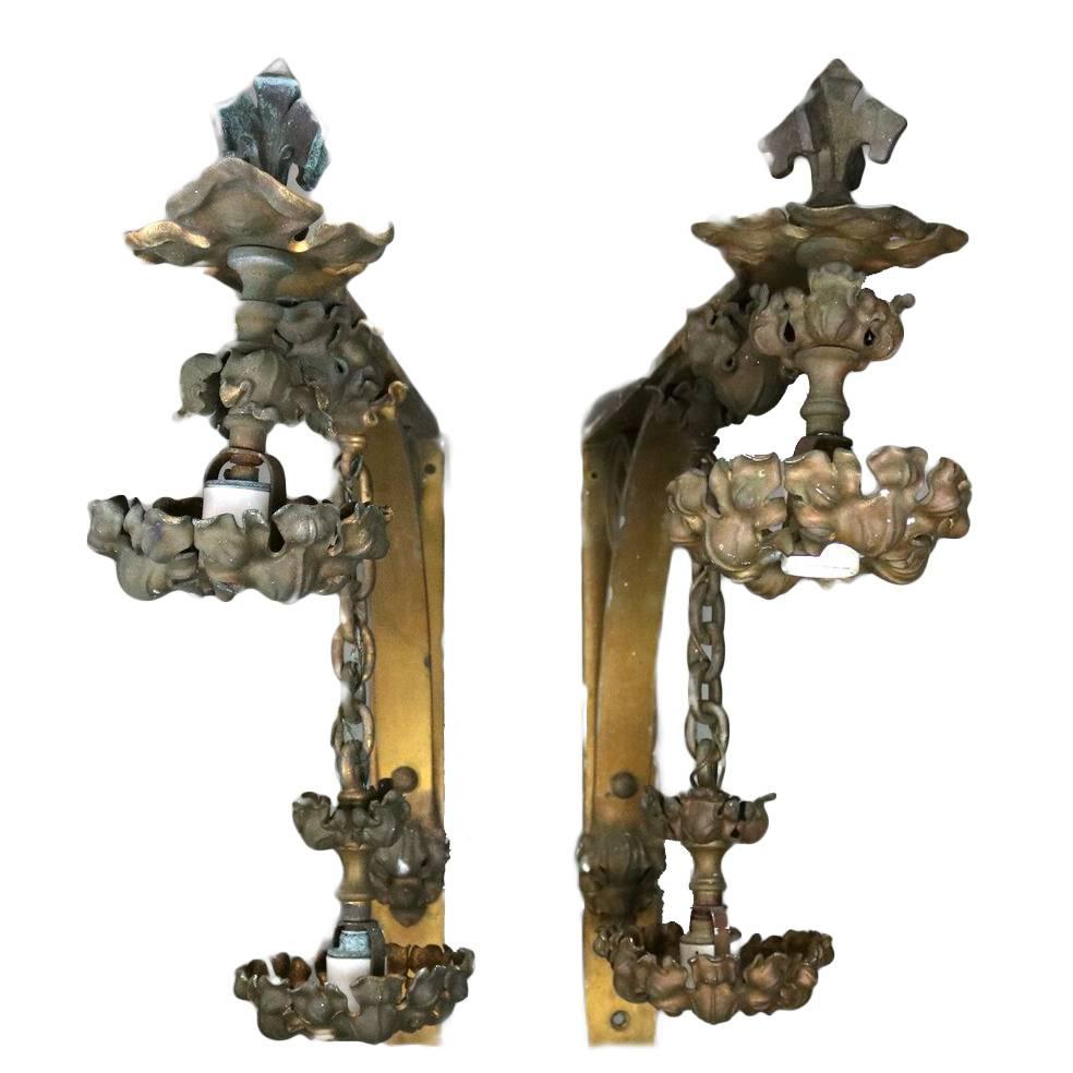 Pair Oversized Antique Bronze Gothic Style Bracket Wall Lamps, circa 1900
