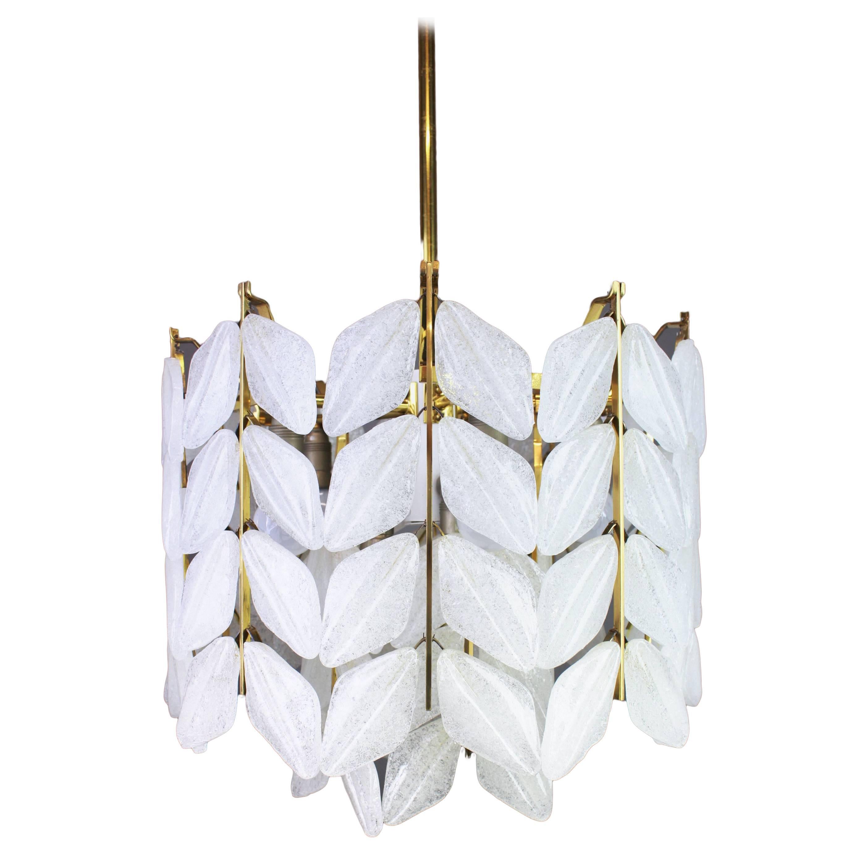 Stunning Leaves Chandelier, Brass and Murano Ice Glass by Kalmar, Austria, 1960s