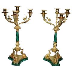 Pair of French Vermeil ‘Silver Gilt’ and Malachite Four-Light Candelabra