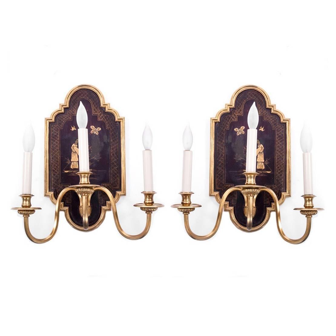 Pair of Oversized 19th Century Bronze Three-Arm Chinoiserie Sconces