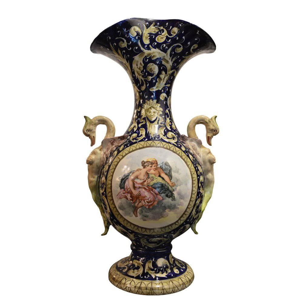  Large Antique Italian Majolica Ceramic Vase For Sale