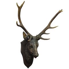 Antique Wooden Carved Stag Head with Real Antlers
