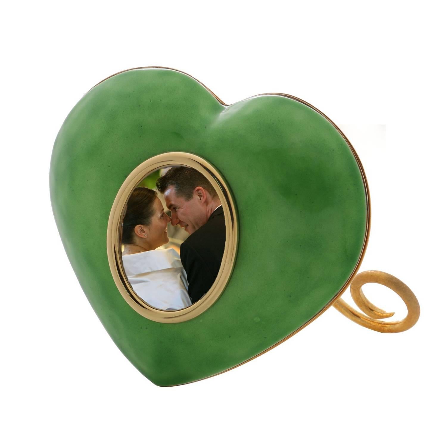 Arts and Crafts Italian Gilt Silver Picture Frame, Laura G Heart Green 