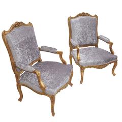 Pair of French Regence/ Louis XV Style Giltwood Fauteuils, Mid-19th Century