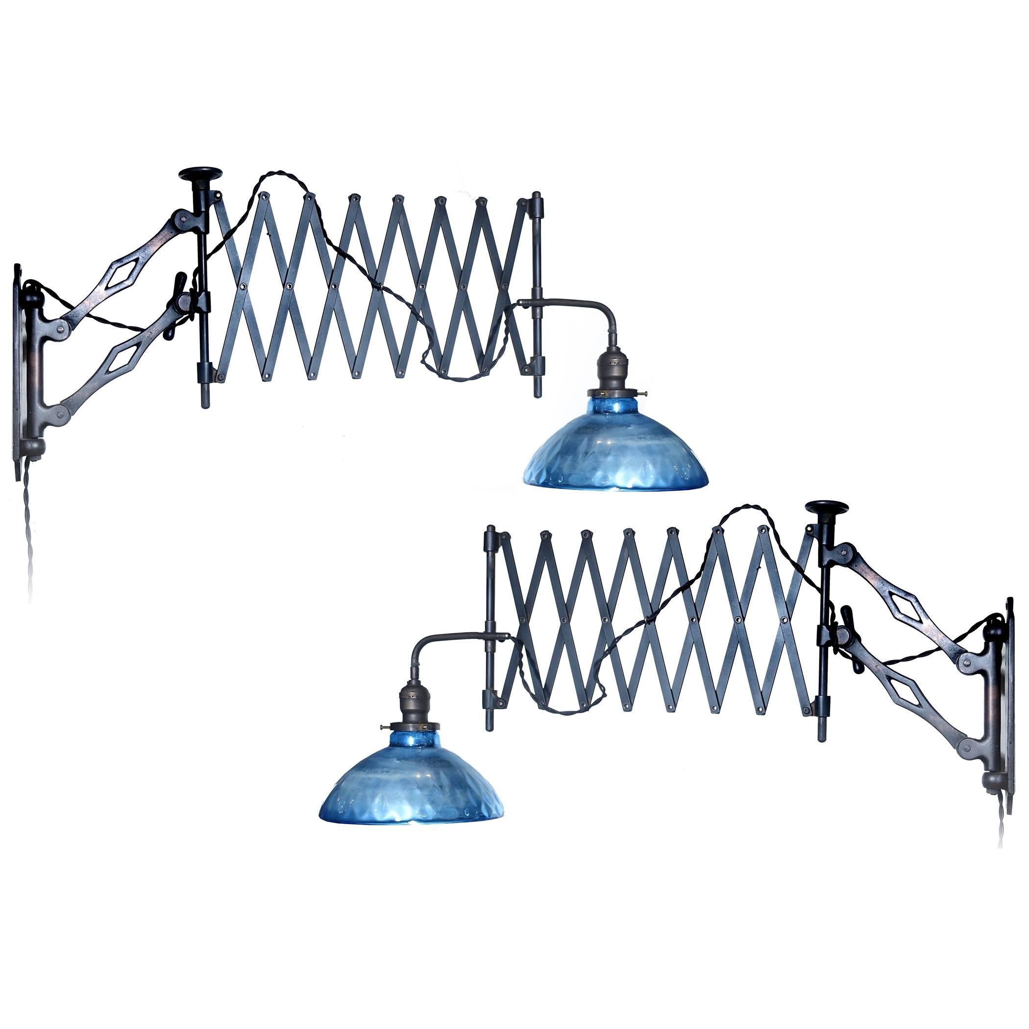 Matching Pair of Heavy Industrial Scissor Lamp with Blue Mercury Glass Shade