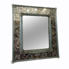 Murano Venetian Clear and Turquoise Glass Mirror Framed in Floral Etched Glass