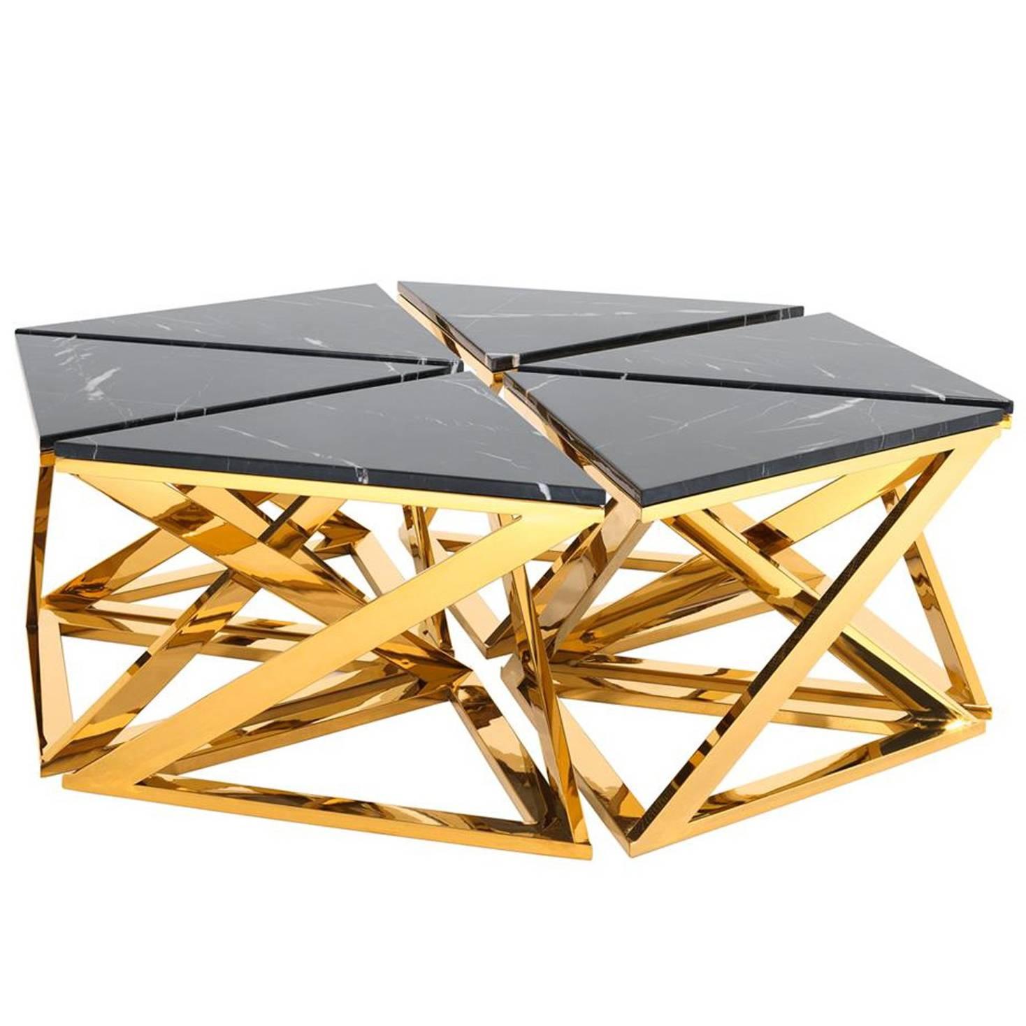 Ellipse Coffee Table Set of Six Table in Gold Finish with Black Marble Top