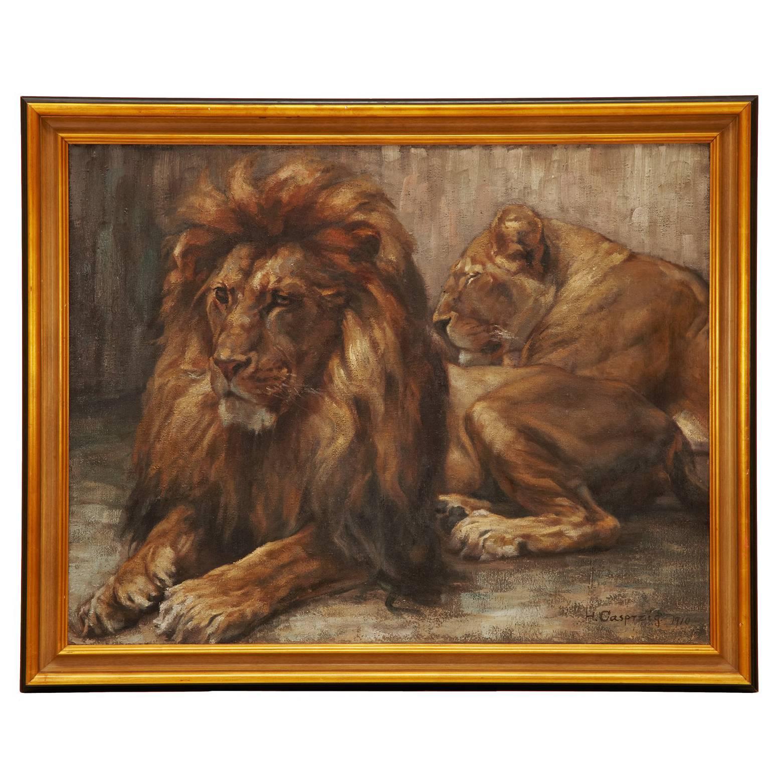 Painting of Two Resting Lions Signed and Dated, 1910 For Sale