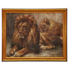 Painting of Two Resting Lions Signed and Dated, 1910