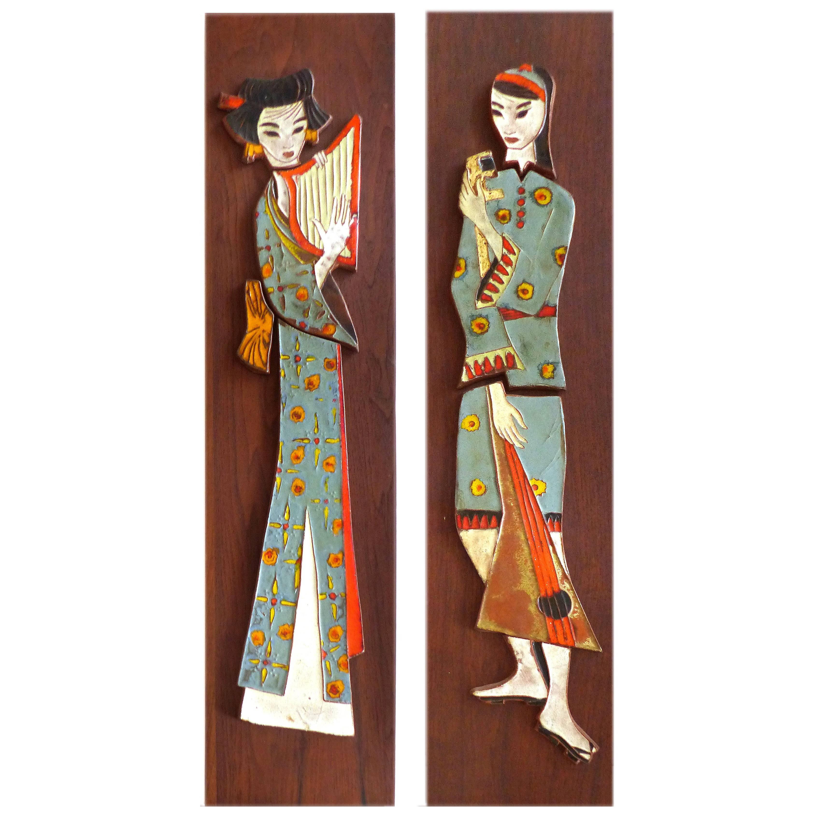 1960s Mid-Century Modern Harris Strong Geisha Tile Plaques, Pair