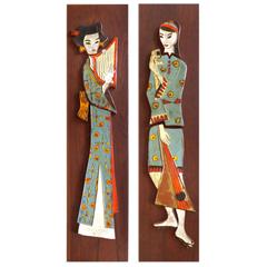 1960er Jahre Mitte des Jahrhunderts Modern Harris Strong Geisha Kachel Plaques:: Paar