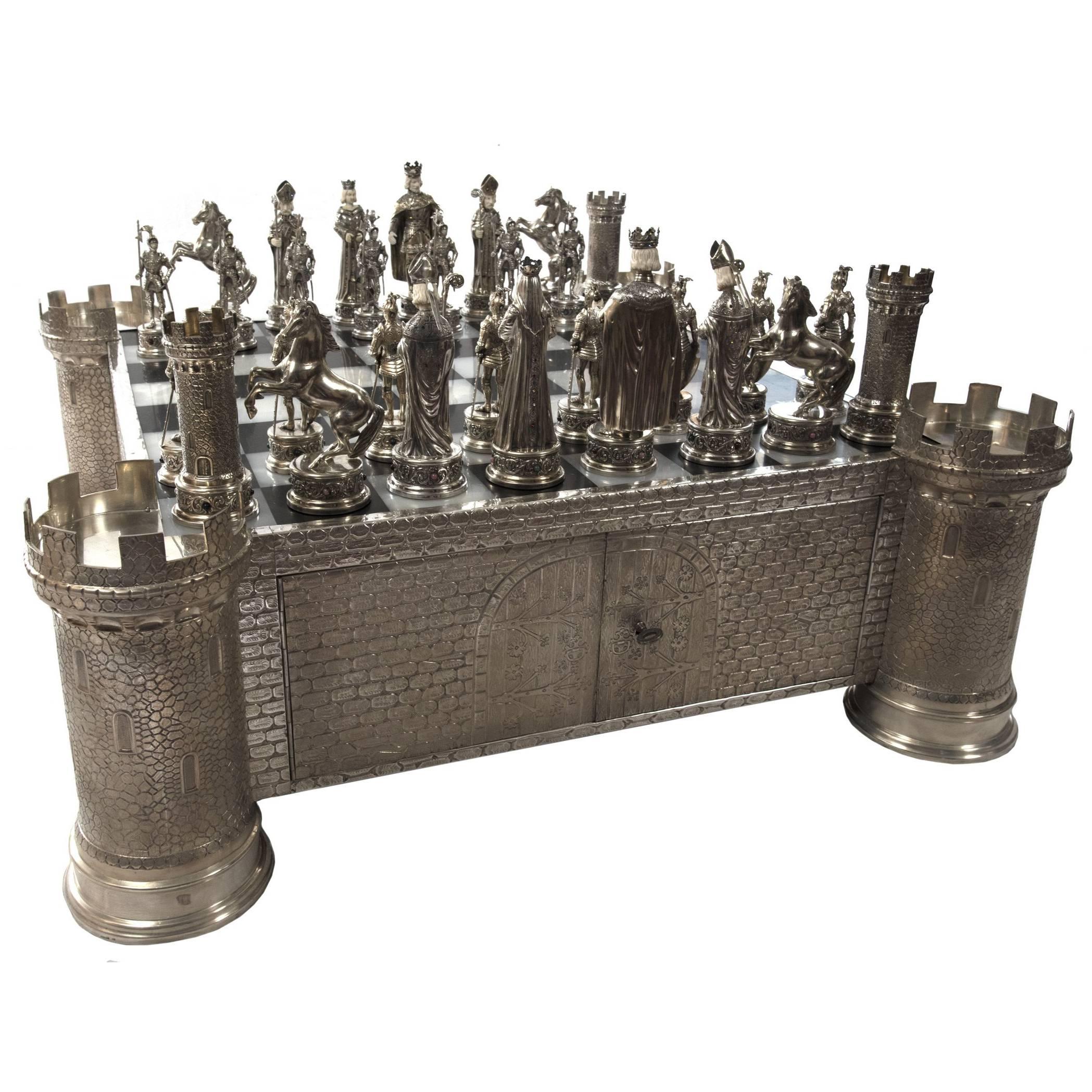 German Jewel Encrusted Silver and Bone Chess Set
