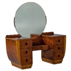 Retro Burled Wood Art Deco Vanity with Round Mirror