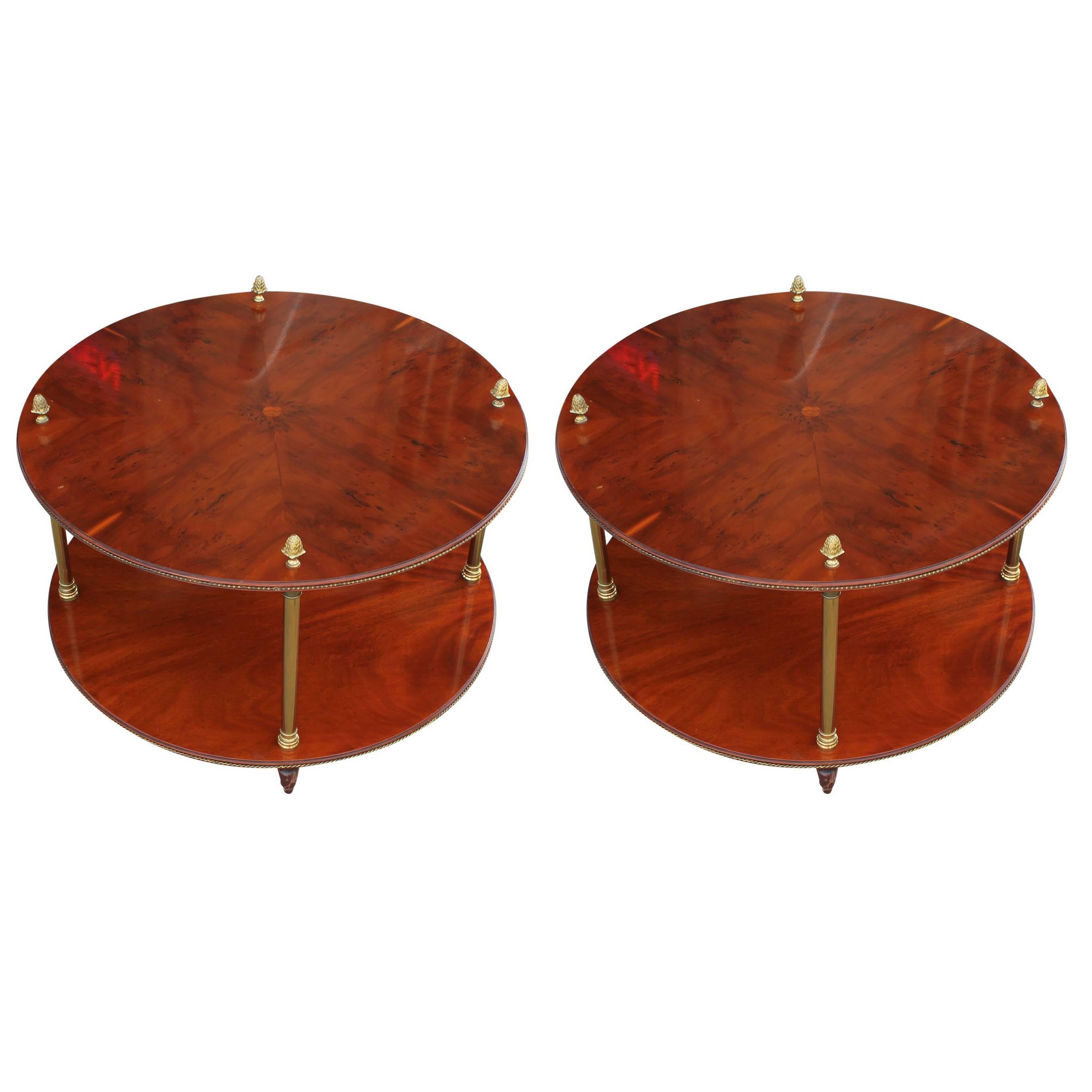 Pair of Brass Round Regency Modern French Tables Mahogany