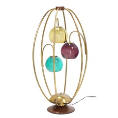 Oval "Bird Cage" Brass Table Lamp Purple Blue Yellow Glass Globe Shades