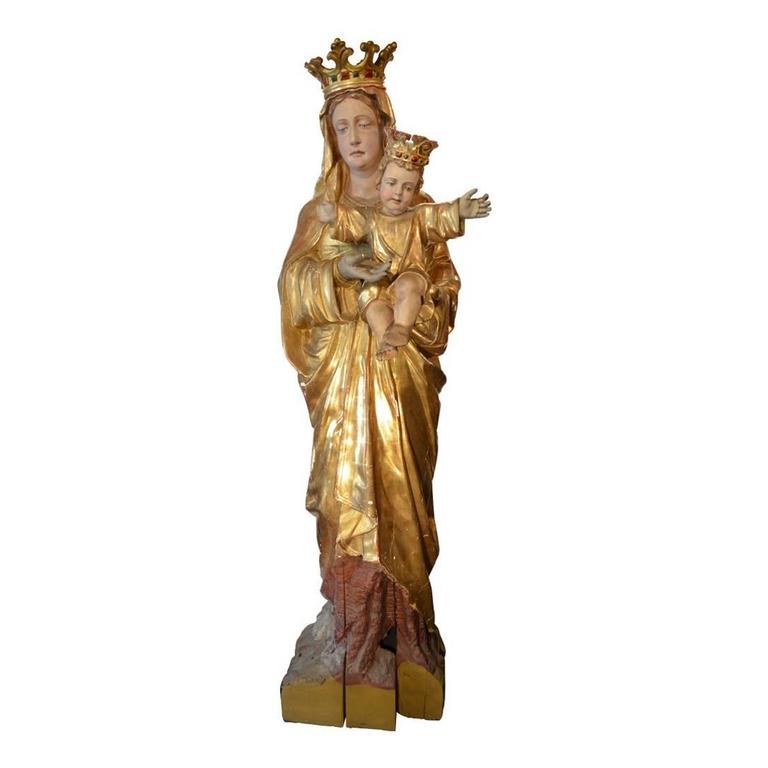Antique Larger Than Life Giltwood Madonna and Child Church Statue For