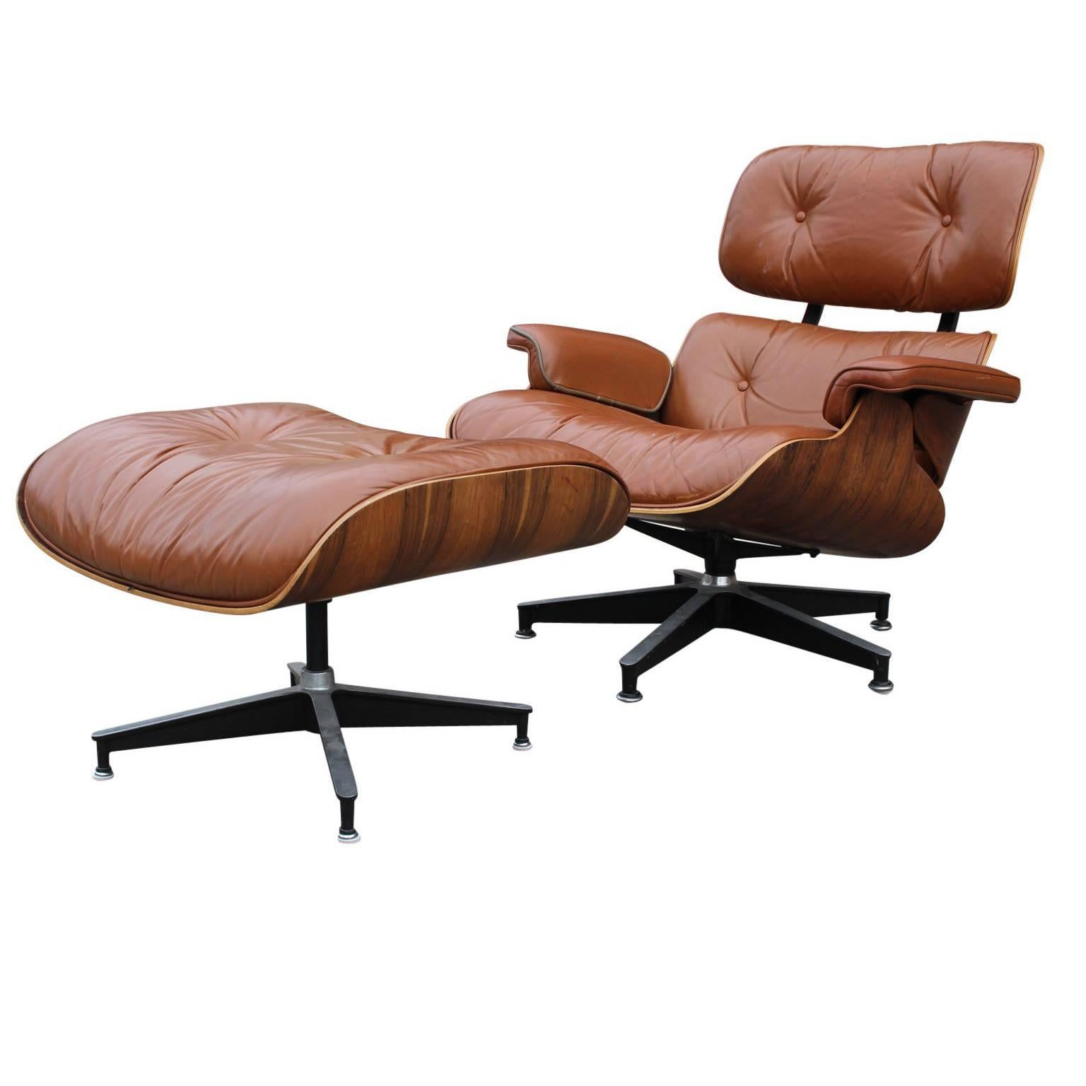 Modern Eames Rosewood Light Brown Leather Lounge Chair