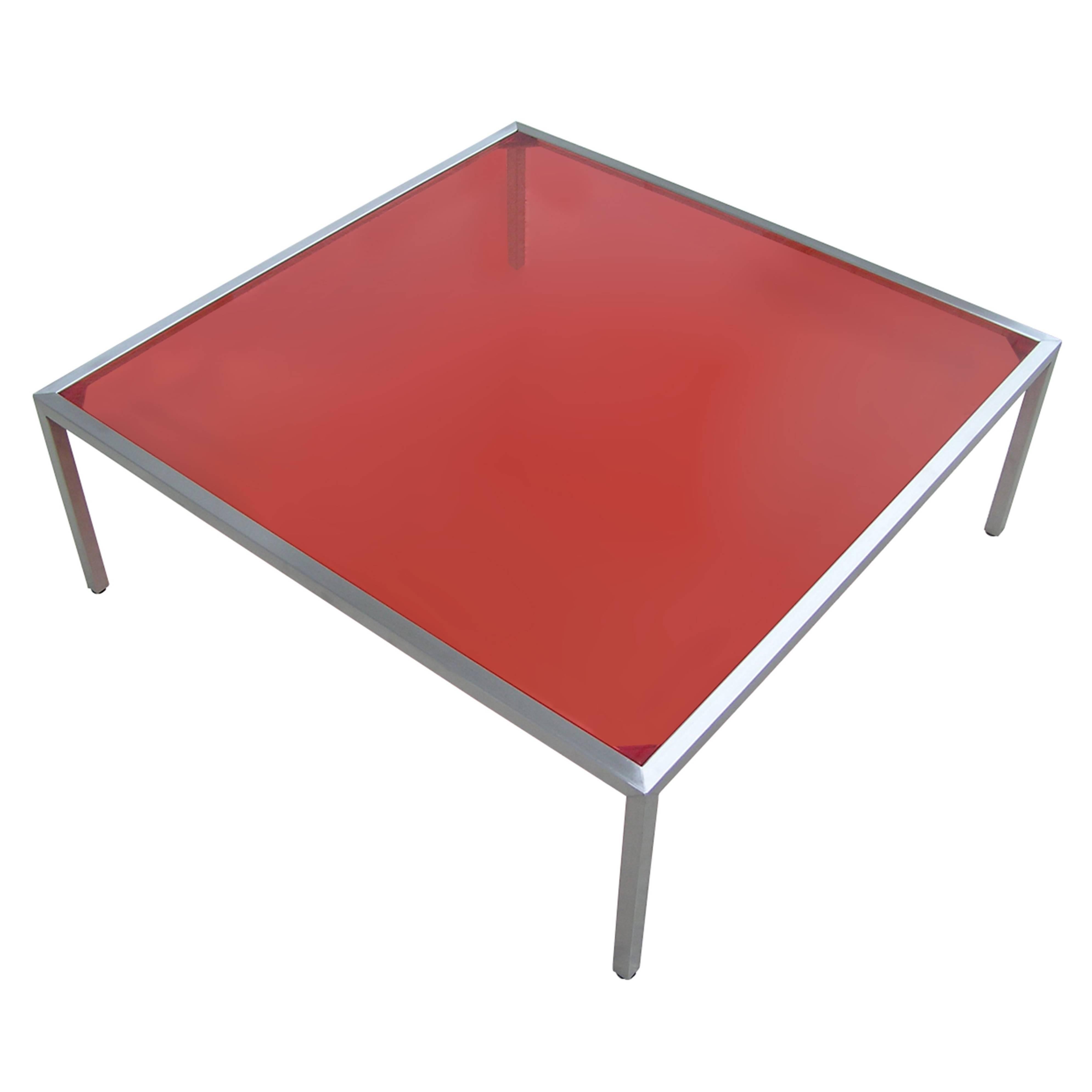 Stainless Steel Coffee Table with Red Inset Glass For Sale