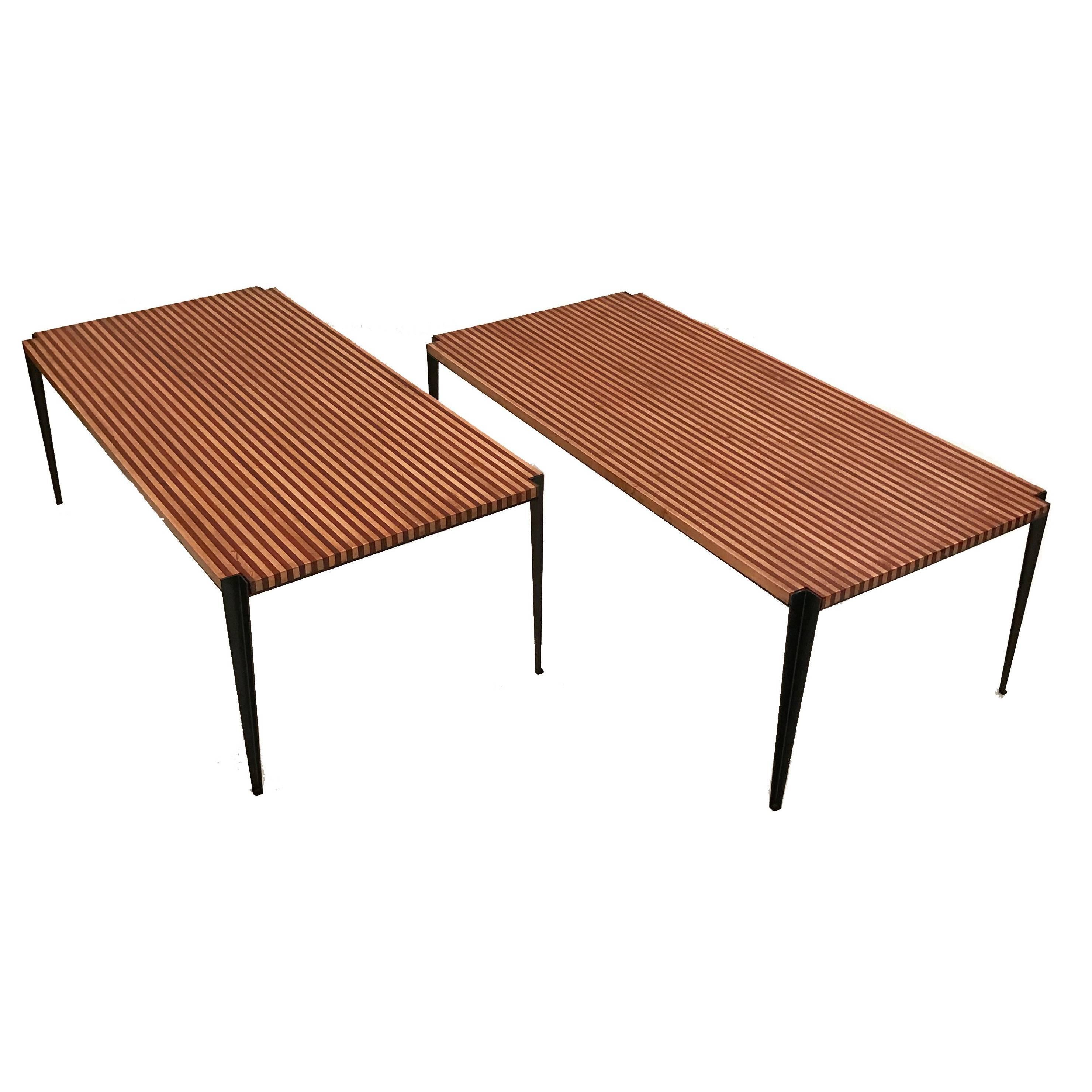 Osvaldo Borsani Pair of Large Cocktail Tables in Two Toned Wood and Steel For Sale