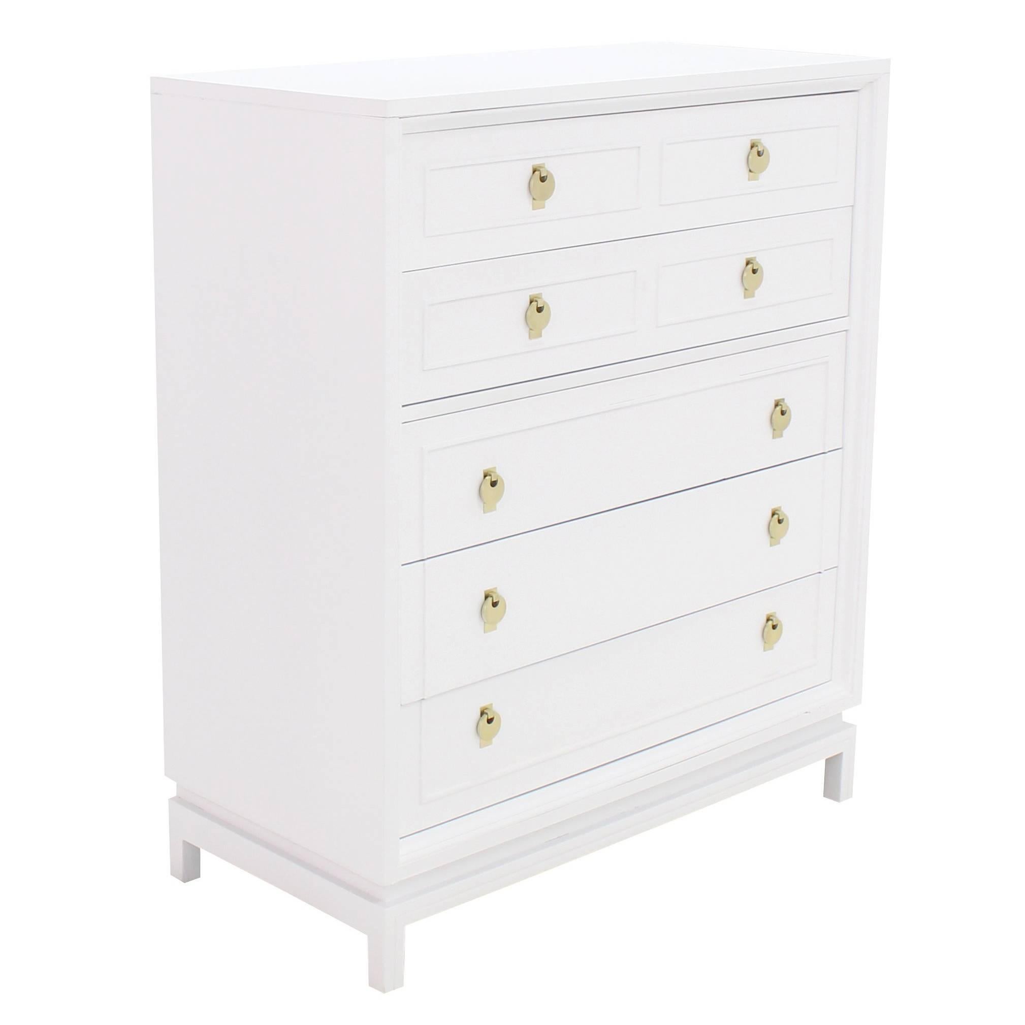 White Lacquer High Chest with Brass Pulls For Sale