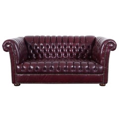 Retro Burgundy Leather Chesterfield Loveseat