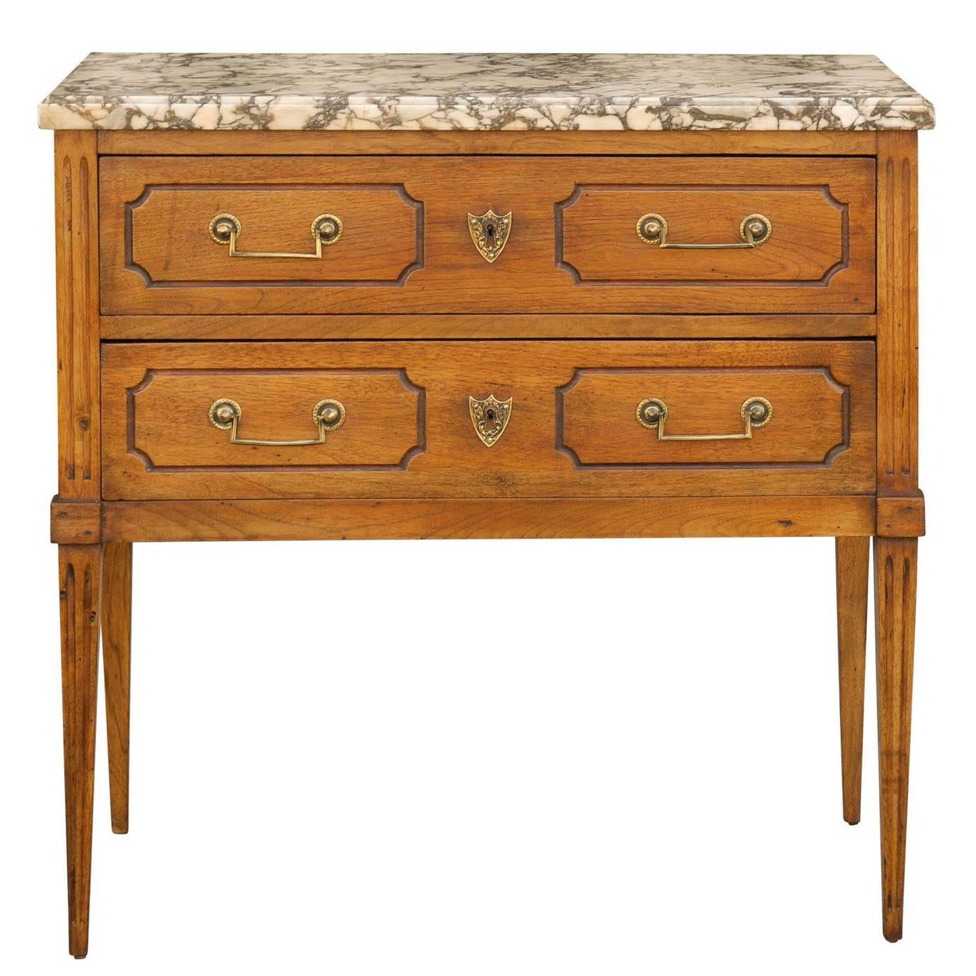 French Neoclassical Style 1880s Oak Two-Drawer Chest with Variegated Marble Top