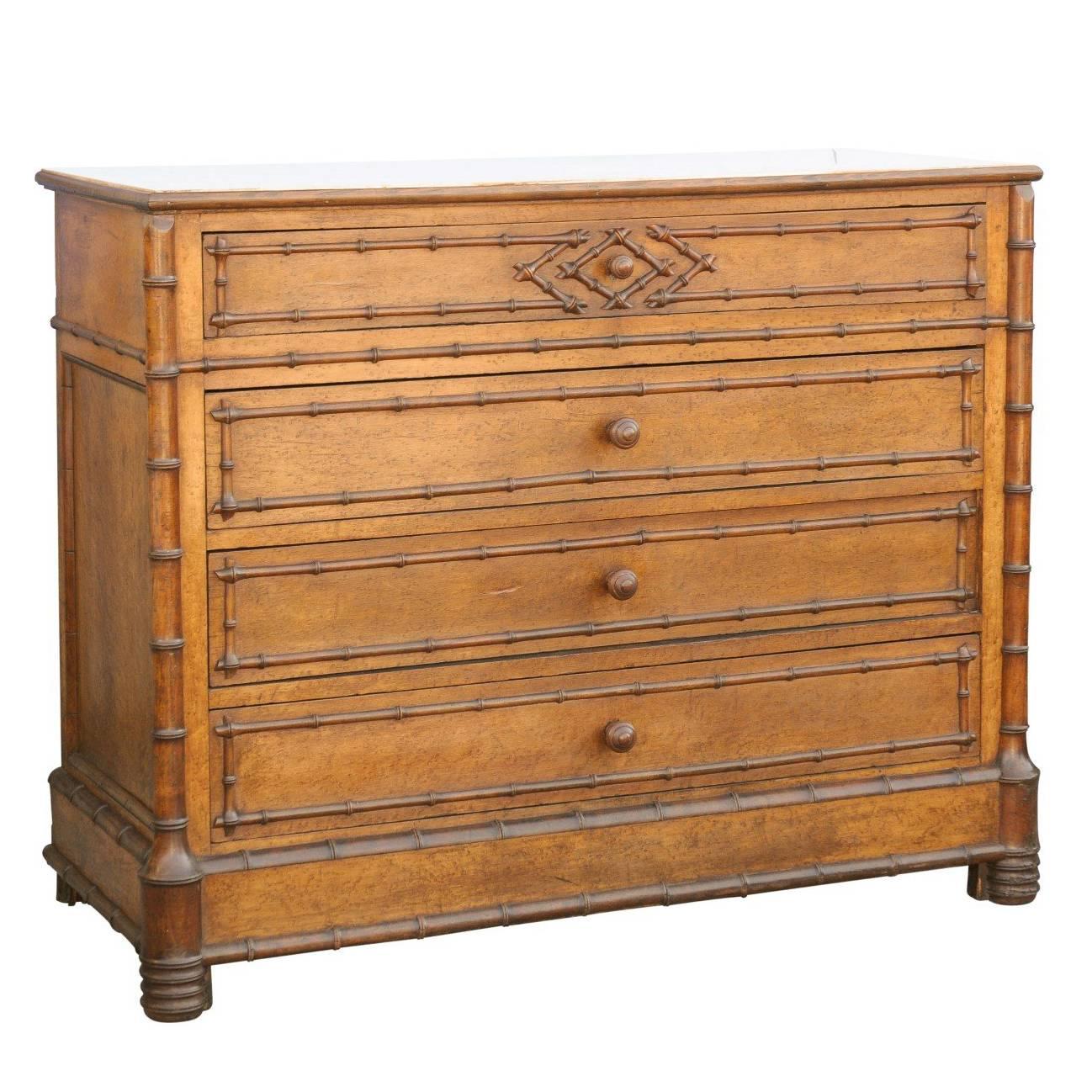 English Faux Bamboo Trimmed Marble-Top Chest of Drawers with Diamond Motif 