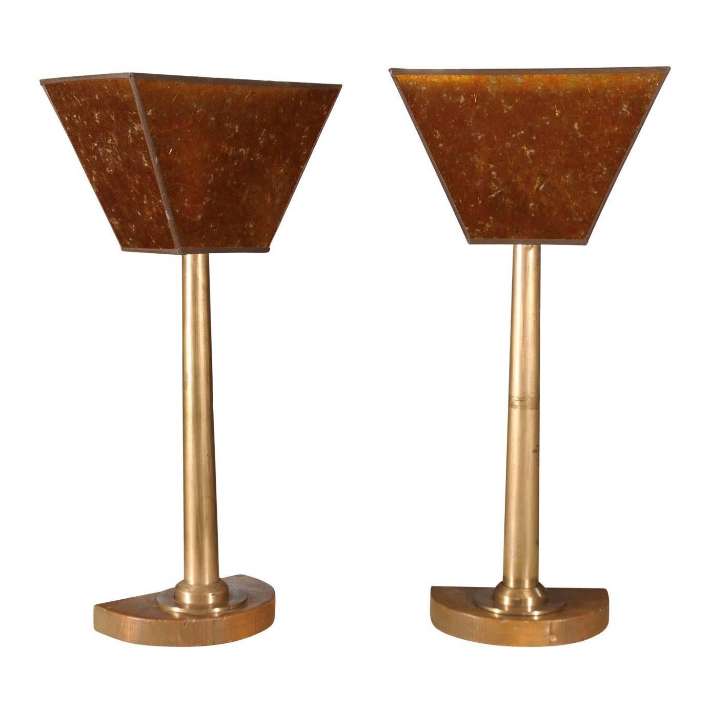 Tall Pair of Machine Age Bronze Lamps For Sale