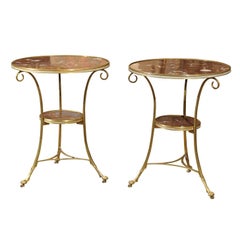 Pair of Brass & Rouge Marble French Style Gueridons with Paw Feet, 20th Century