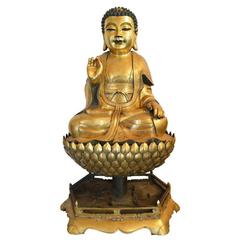 Large Antique Gilt Bronze Seated Buddha on Lotus Flower