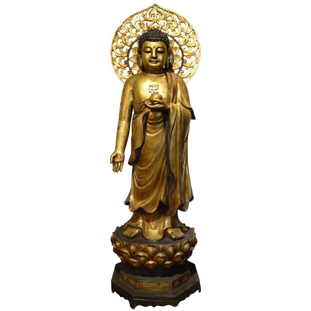 Magnificent, Antique, Large, Gilt Bronze Buddha with Halo For Sale