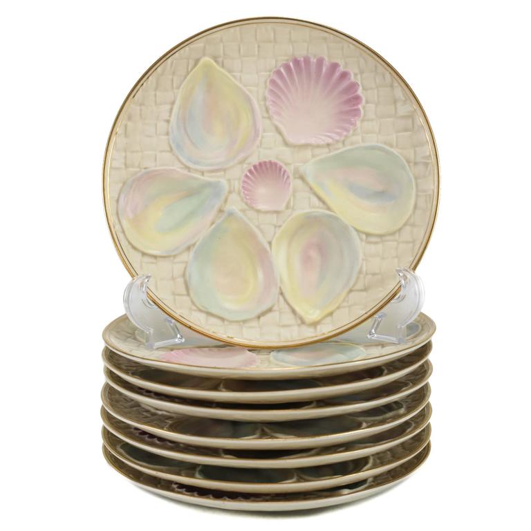 Eight Iridescent Blush Ivory Porcelain Oyster Plates by Royal Worcester