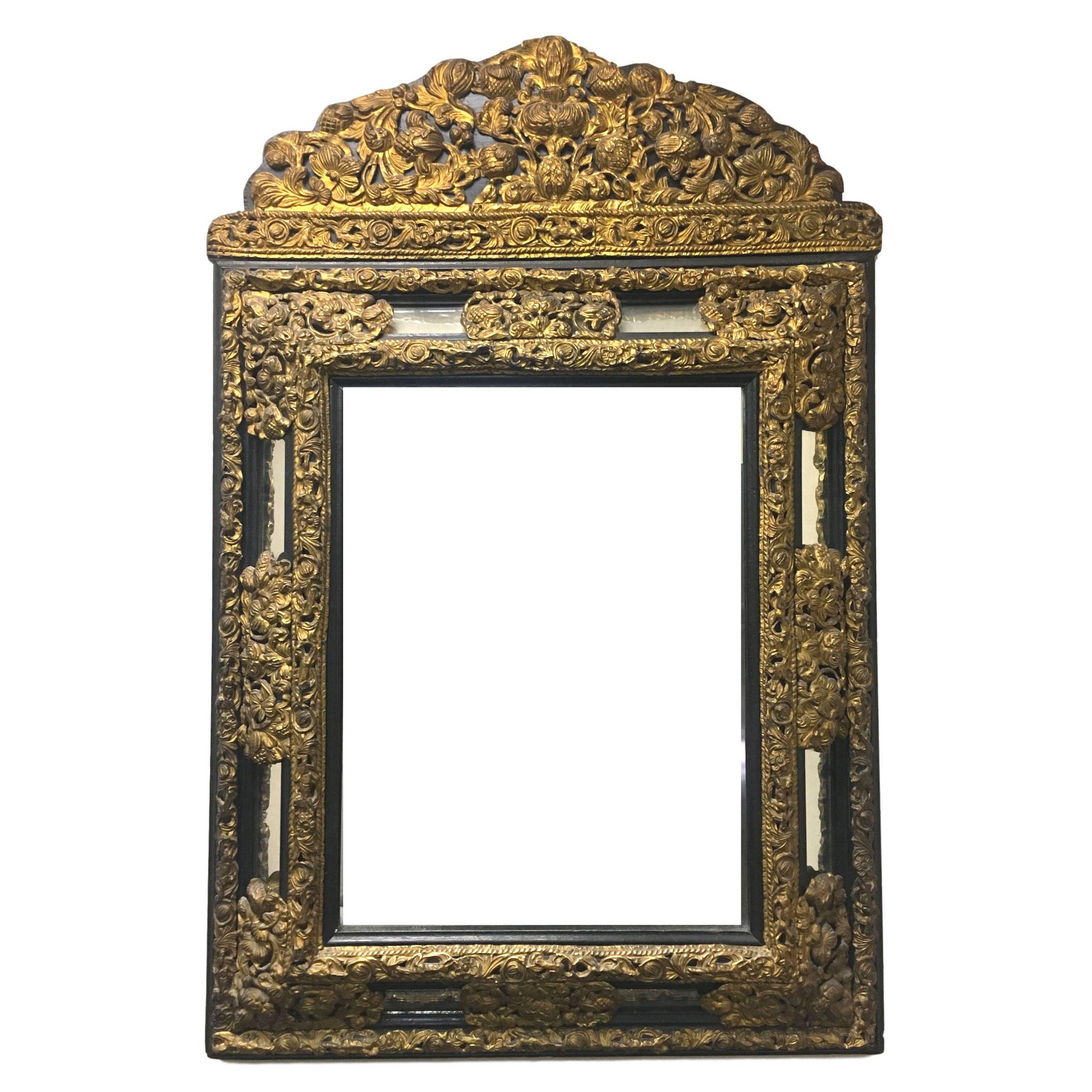19th Century Dutch Embossed Brass and Ebony Mirror For Sale