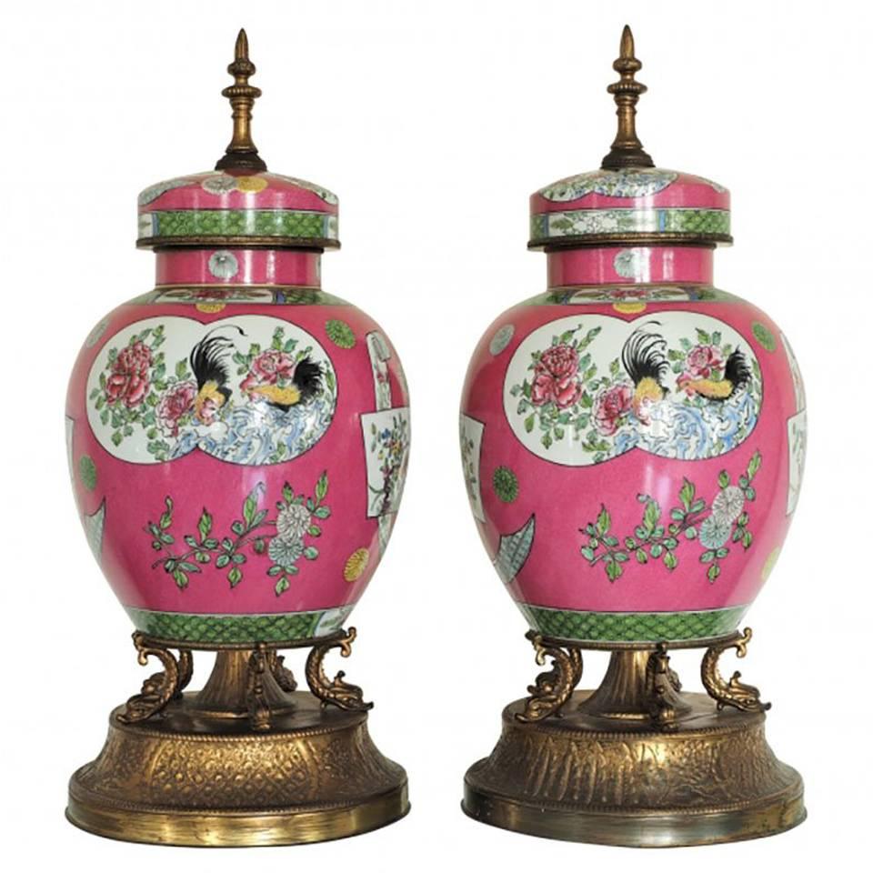 Pair of Impressive Pre-1920 Porcelain Garnitures Converted from Lamps