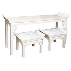 Vintage White Lacquer Draper Style Console with Pair of Matching Benches