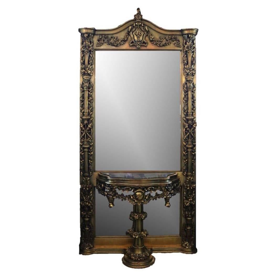 Oversized French Baroque Style Giltwood Pier Mirror with Pedestal, 20th C