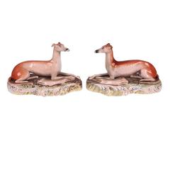Pair of Antique English Staffordshire Greyhound Dogs with Game