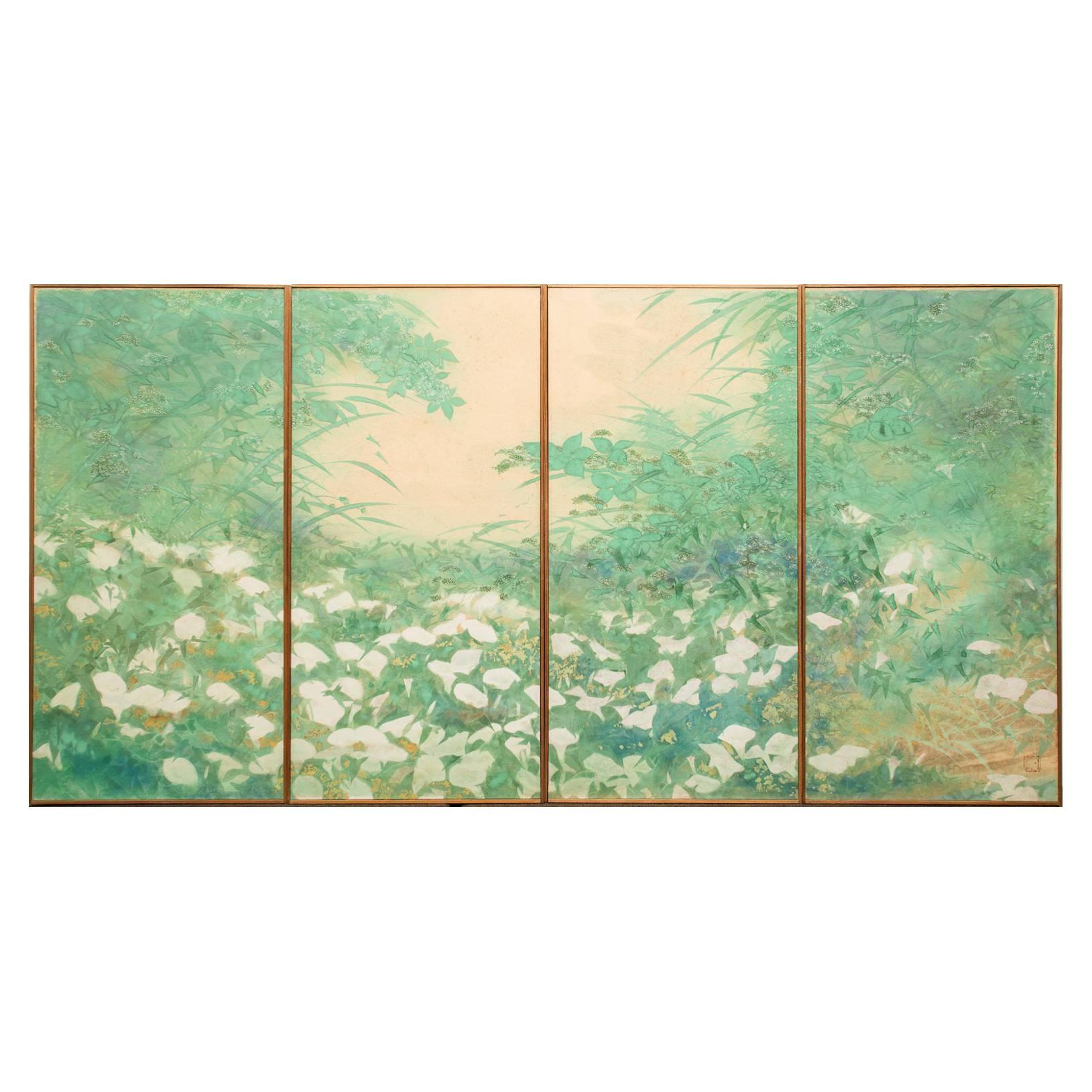 Set of Four Fusuma, Sliding Door Panels: Wild Lily Patch
