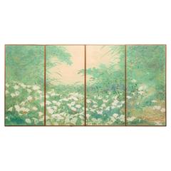 Used Set of Four Fusuma, Sliding Door Panels: Wild Lily Patch