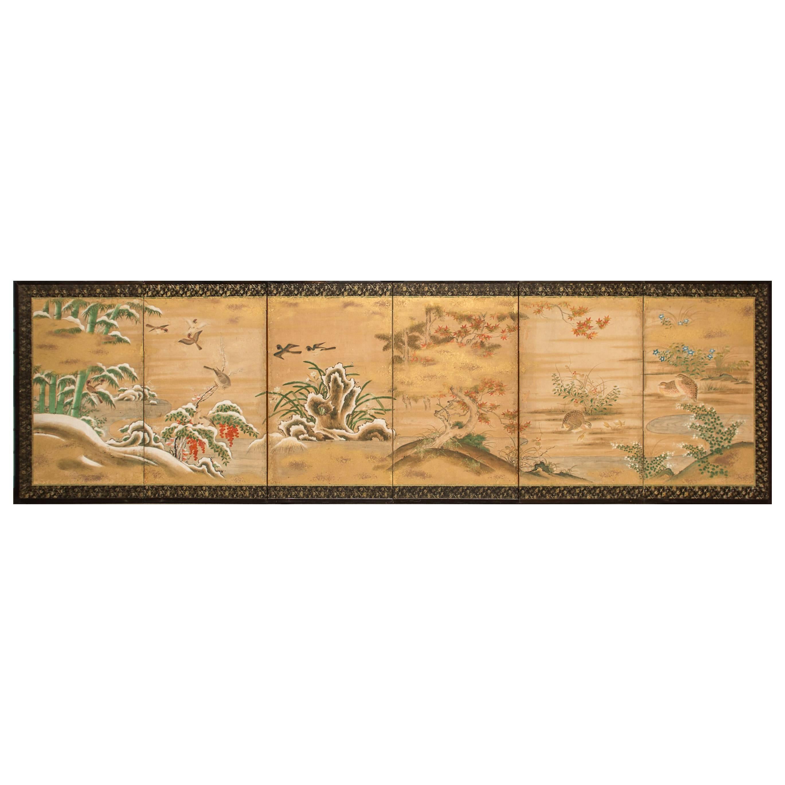 Japanese Six Panel Screen: Rimpa School Painting of Winter to Spring For Sale