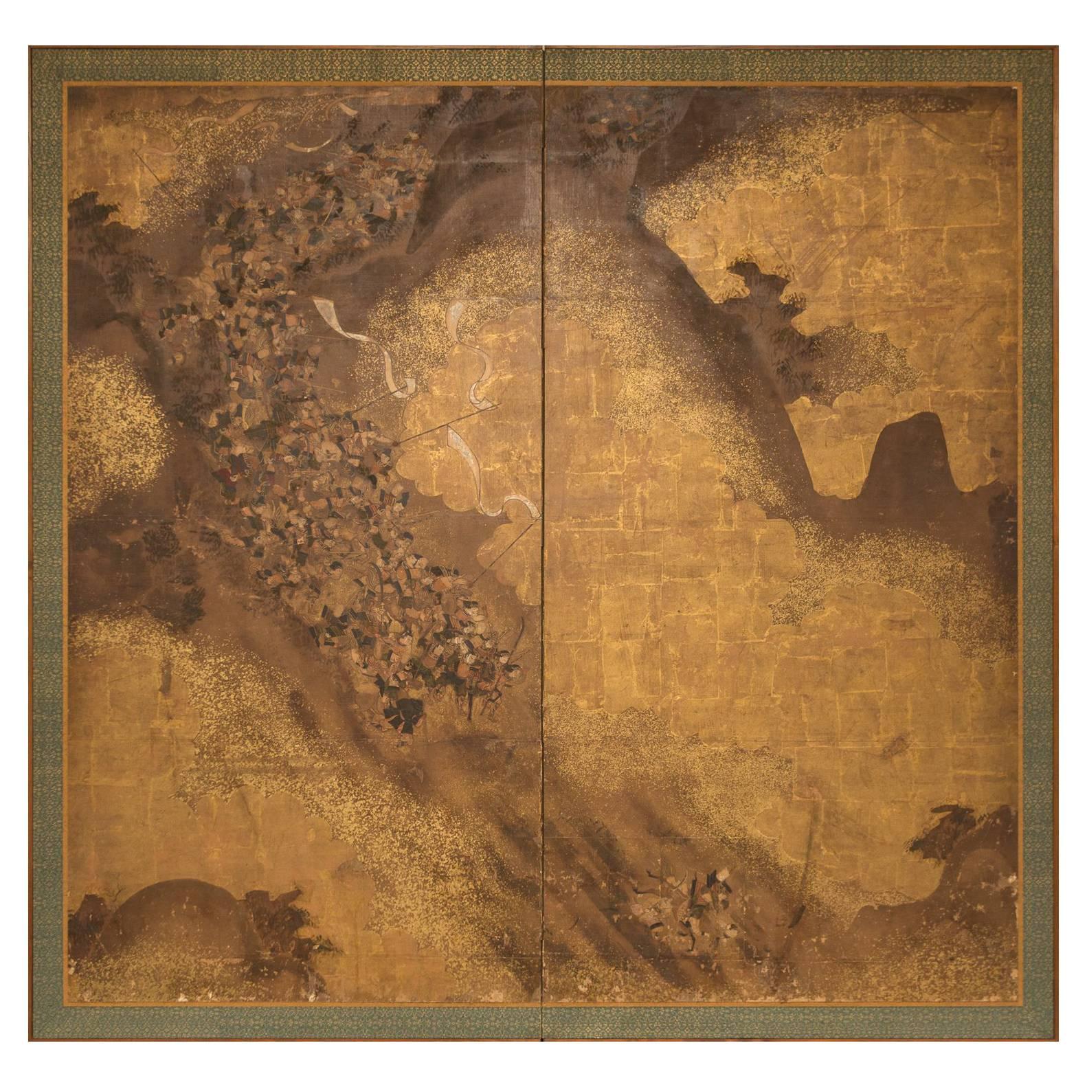Japanese Two-Panel Screen, Battle Scene from Heike Wars For Sale