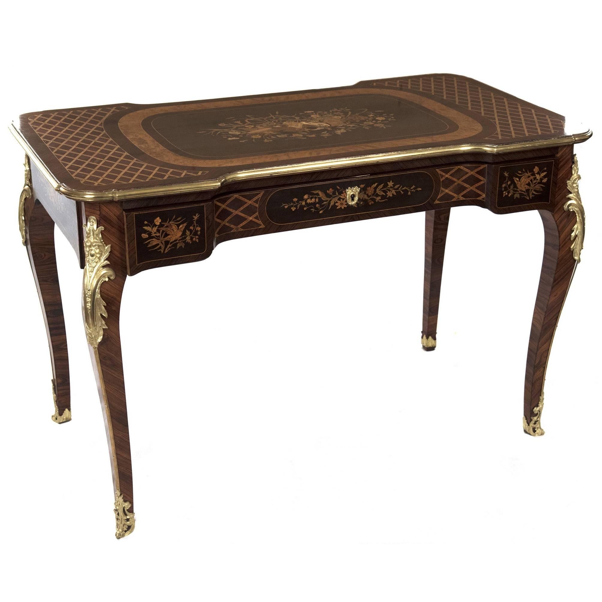 19th Century, French, Louis XV Style Marquetry Bureau Plat with Bronze Mounts