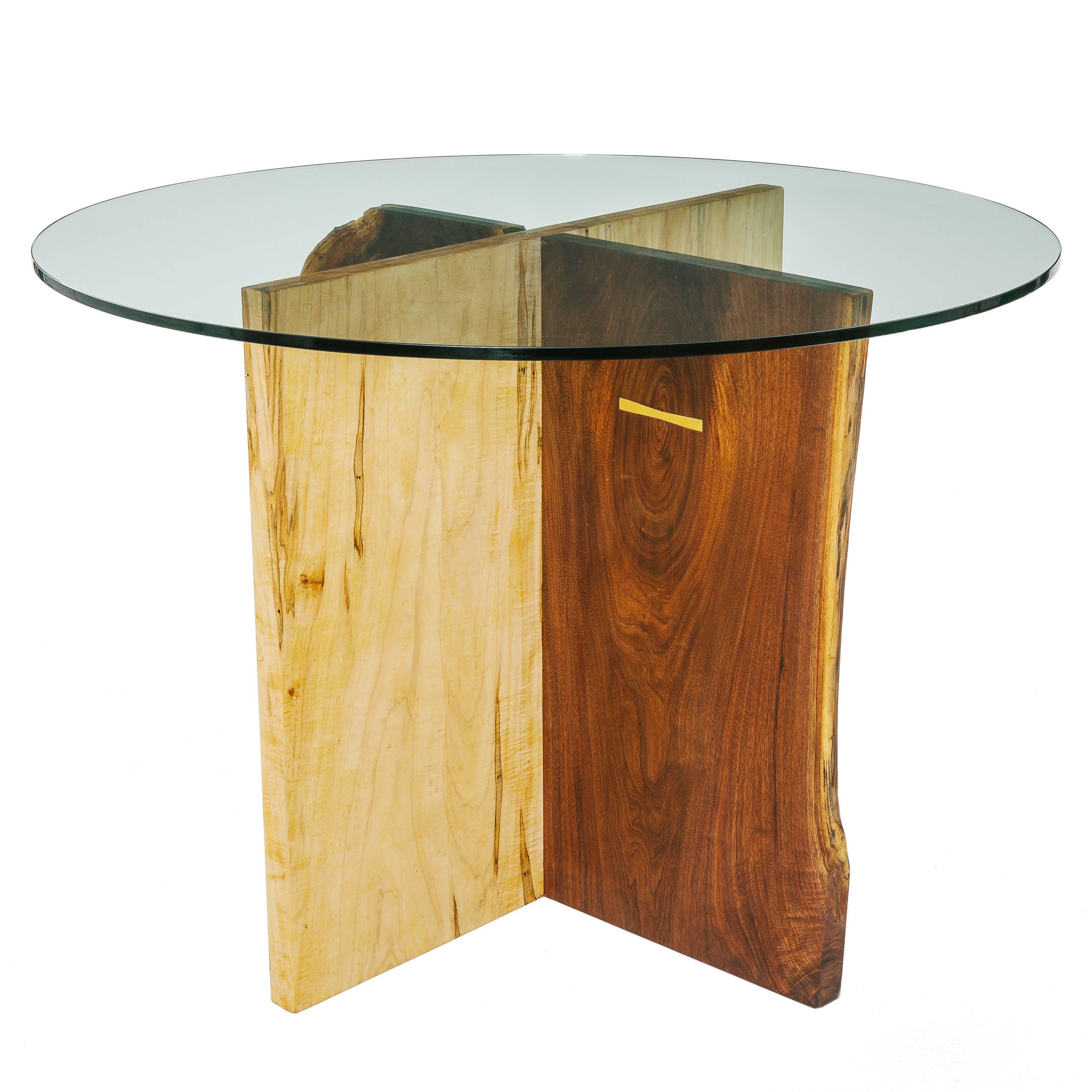 Walnut and Maple Slab Base Glass Top X Dining Table For Sale