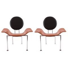 Sculptural Pair of Leather and Steel Italian Armchairs
