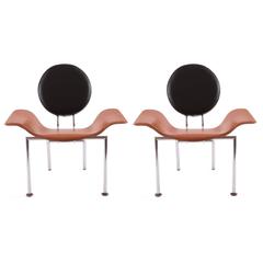 Sculptural Pair of Leather and Steel Italian Armchairs 5