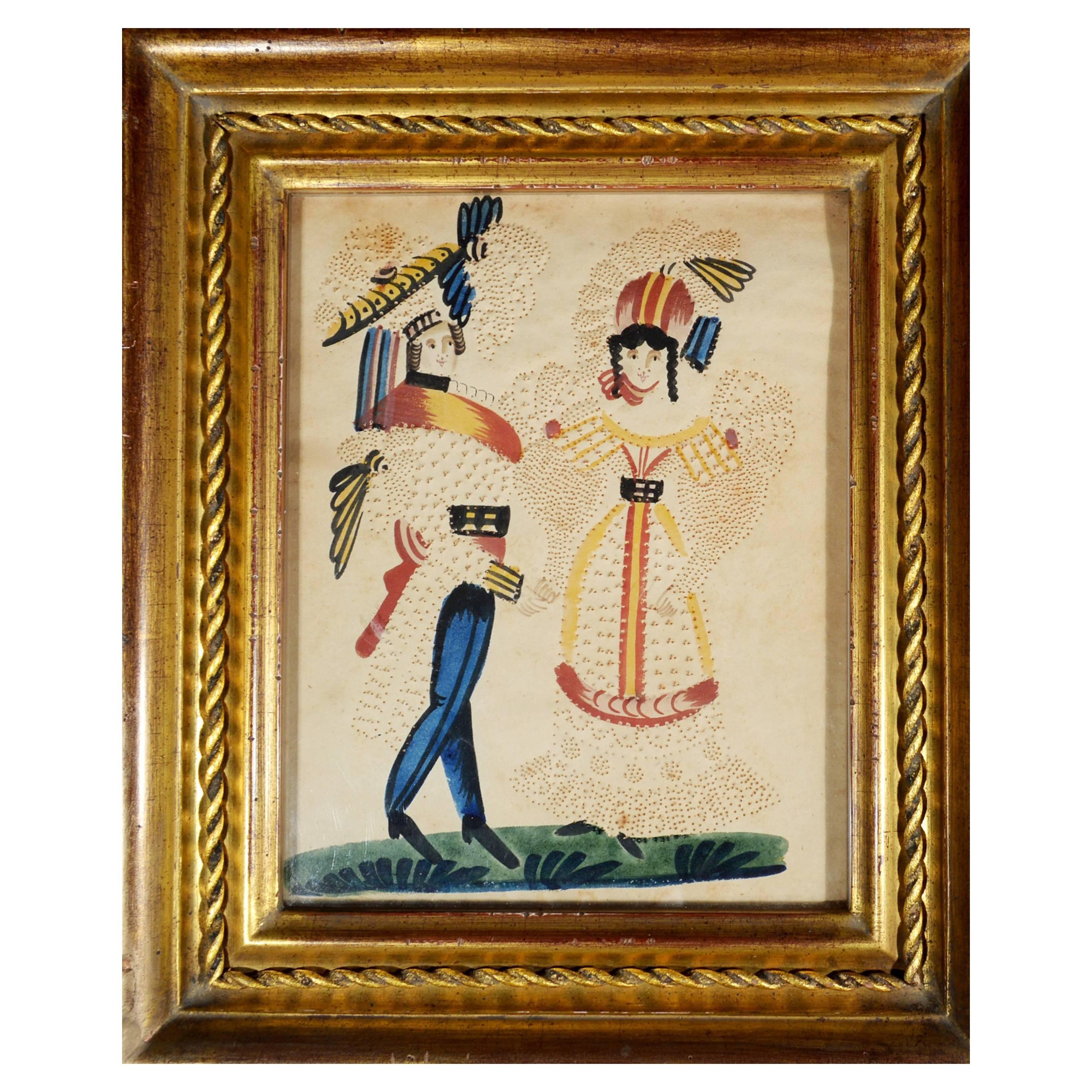 Charming American or Continental Pin-Prick Painting of a Happy Couple