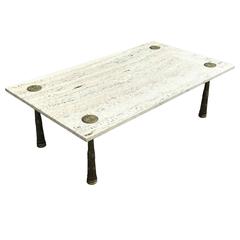 Monteverdi Young Travertine and Brass Rectangular Modern Coffee Table