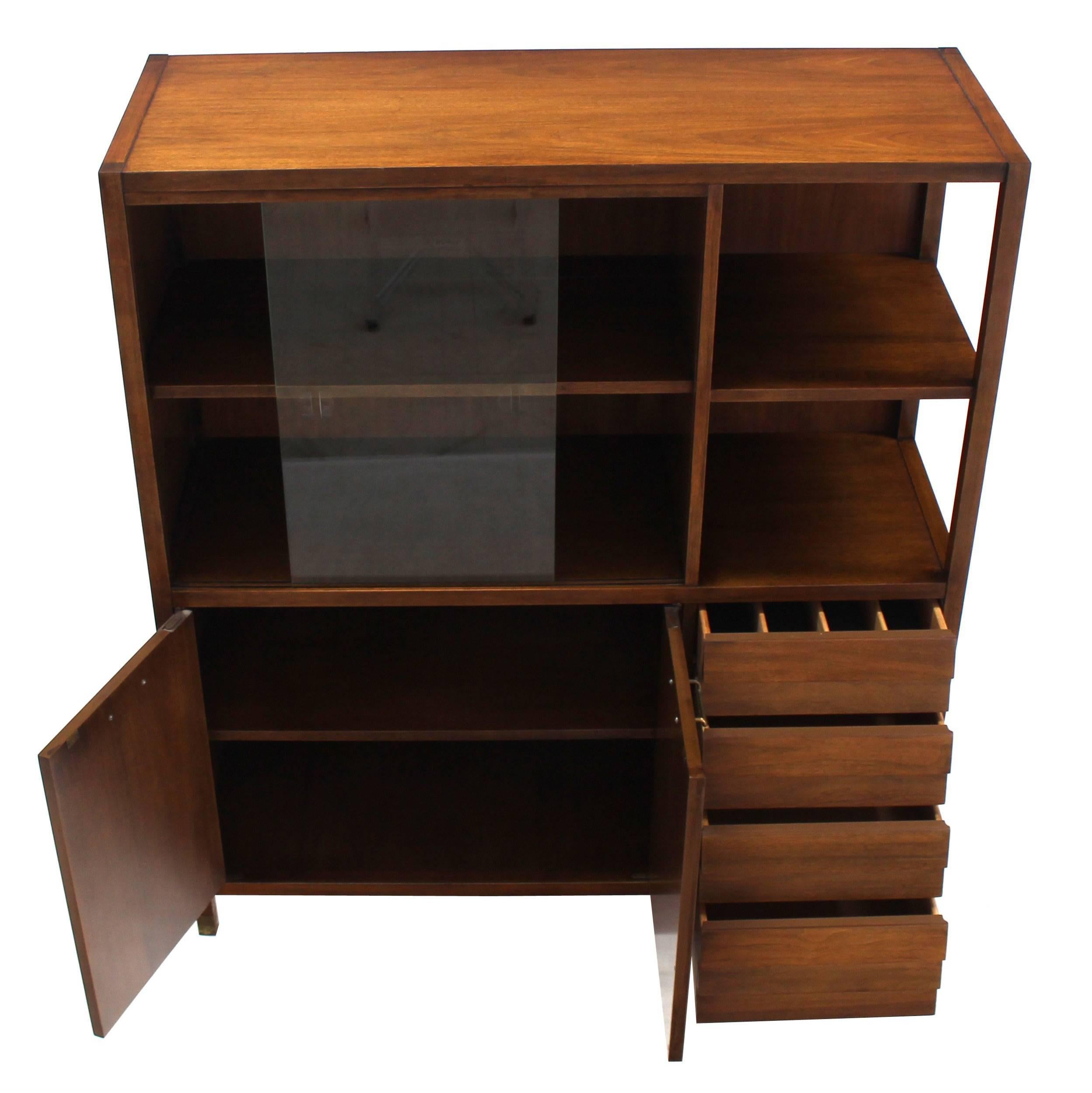 Mid-Century Walnut Bookcase Server Display Cabinet W/ Drawers Glass Sliding Door For Sale