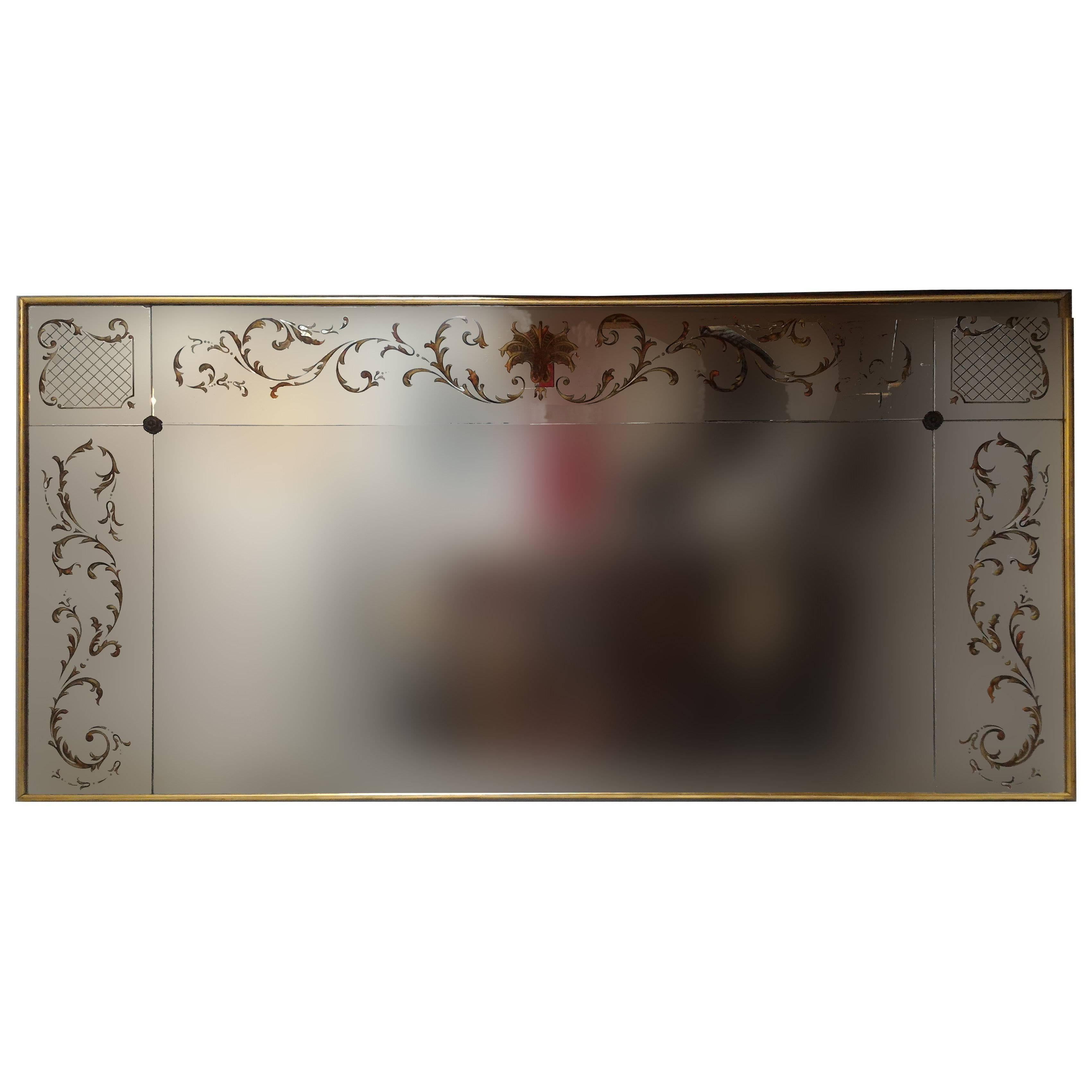 Rare French Églomisé Boutique Large Size Mirror with Gold Leaves