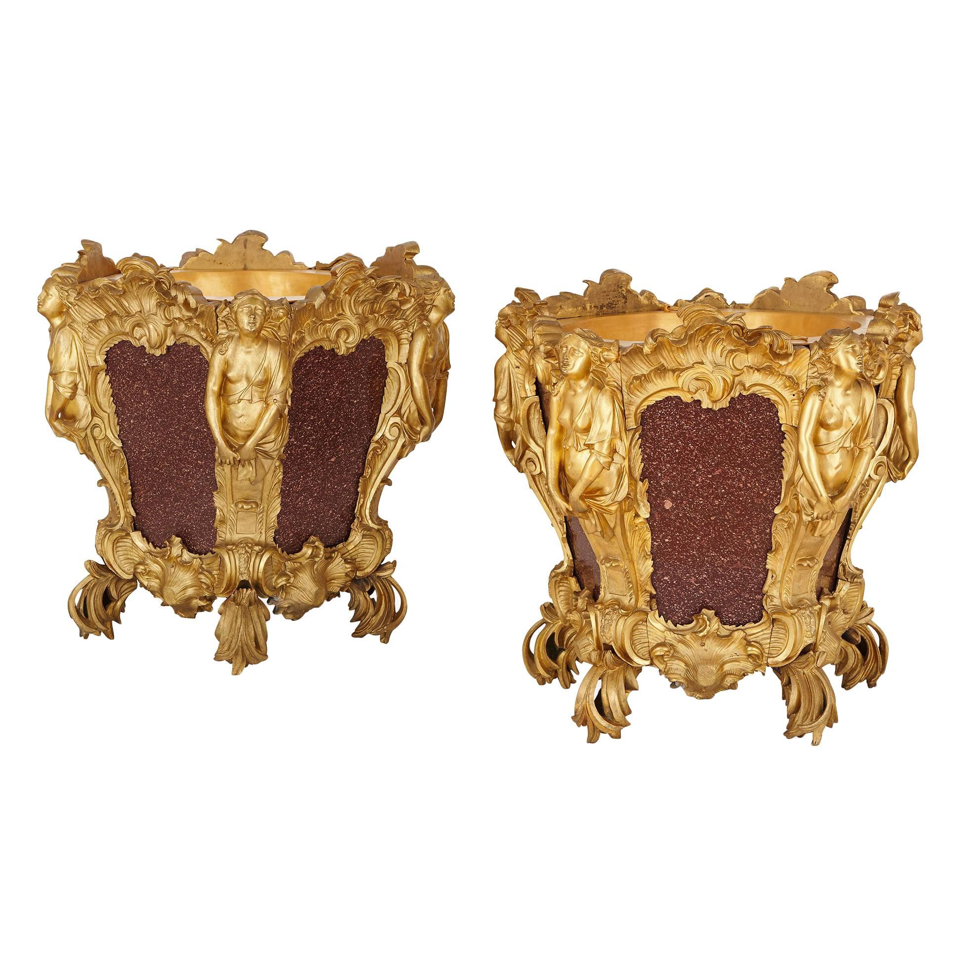 Pair of gilt bronze and porphyry antique French jardinières For Sale